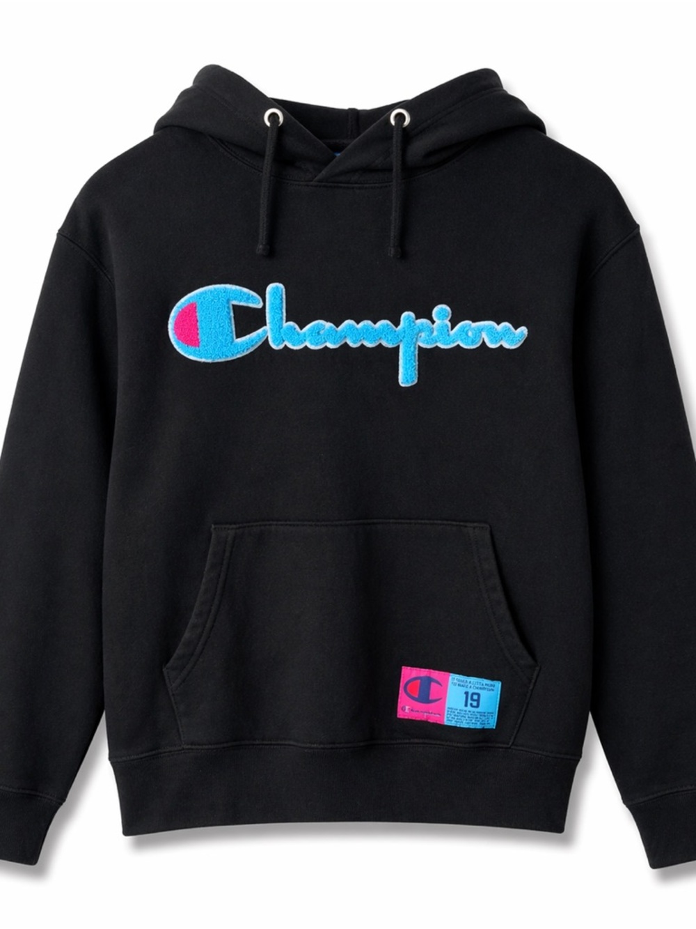 Champion Reverse Weave Black Hoodie with Blue & Pink Logo